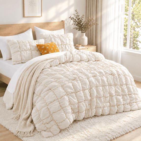 Unikome King Comforter Set, Soft Down Alternative Comforter with Puff Texture, All Season Cozy Bed Comforter with 2 Pillow Shams, Machine Washable, Cream