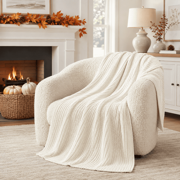 Unikome Knit Throw Blanket 50" x 60", Soft Lightweight Blanket for Couch, Sofa and Bed, Breathable All Season Decorative Throw, Cream