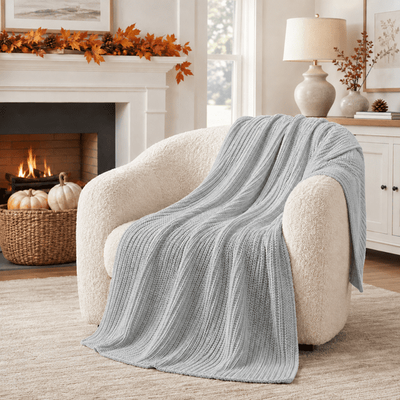 Unikome Knit Throw Blanket 50" x 60", Soft Lightweight Blanket for Couch, Sofa and Bed, Breathable All Season Decorative Throw, Light Gray