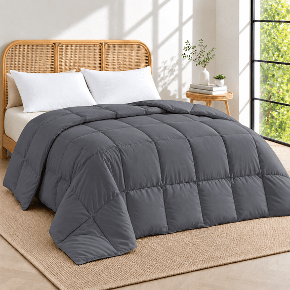 Unikome Lightweight Goose Feather Fiber Comforter, Cal King Size, Soft Duvet Insert with Box Stitch Design, 8 Loops, Machine Washable, 108 x 94 in, Dark Gray