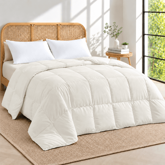 Unikome Lightweight Goose Feather Fiber Comforter, Twin Size, Soft Duvet Insert with Box Stitch Design, 8 Loops, Machine Washable, 68 x 88 in, Cream