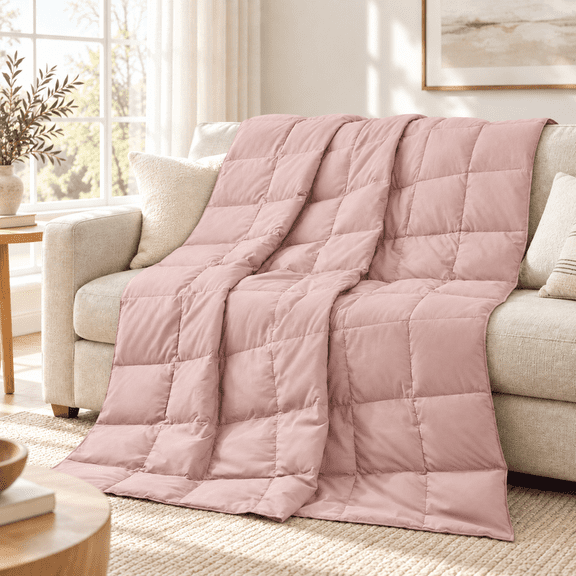 Unikome Lightweight Down Throw Blanket, Soft Peach Skin Fabric Feather and Down Fiber Throw for Bedroom Sofa, All Season Warm Comfortable Reversible Blanket, Pink