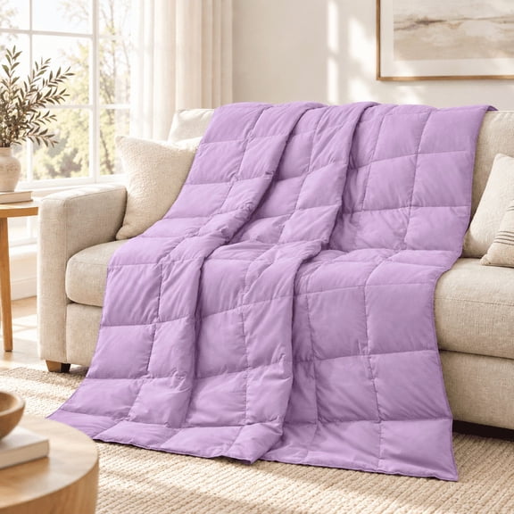 Unikome Lightweight Down Throw Blanket, Soft Peach Skin Fabric Feather and Down Fiber Throw for Bedroom Sofa, All Season Warm Comfortable Reversible Blanket, Purple