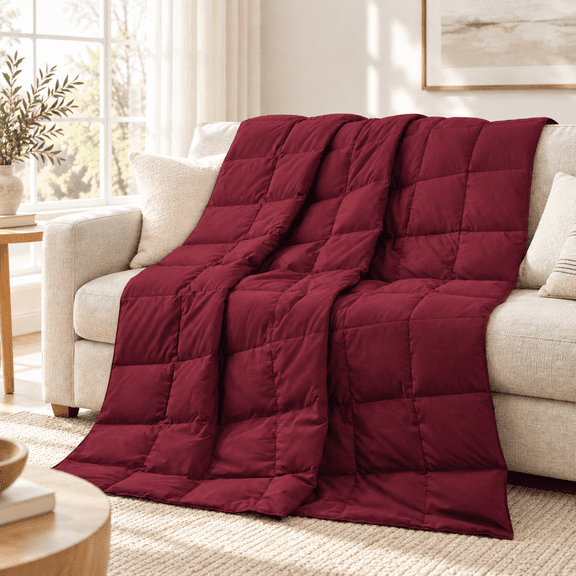 Unikome Lightweight Down Throw Blanket, Soft Peach Skin Fabric Feather and Down Fiber Throw for Bedroom Sofa, All Season Warm Comfortable Reversible Blanket, Red