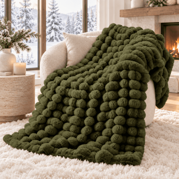 Unikome Luxury Faux Rabbit Fur Blanket, Cozy Plush Throw Blanket with Bubble Texture, Warm Decorative Throw for Sofa, Bed, Home Decor, 50 x 60 Inch, Green