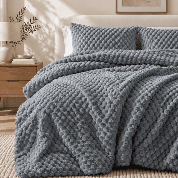 Unikome Luxury Faux Rabbit Fur Comforter Set, 3 Piece Plush Bedding Set with 3D Bubble Texture, Soft Warm Comforter with 2 Pillow Shams, Queen Size, Dark Gray