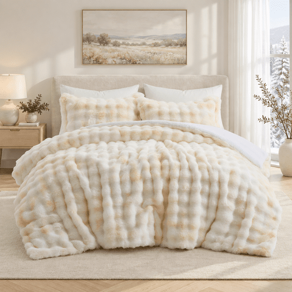 Unikome Luxury Faux Rabbit Fur Comforter Set 3 Piece, Plush Cozy Bedding Set with Tie Dye Bubble Texture, Warm Comforter and Pillow Shams, King, Yellow