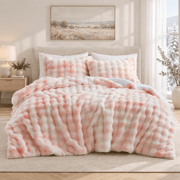 Unikome Luxury Faux Rabbit Fur Comforter Set 3 Piece, Plush Cozy Bedding Set with Tie Dye Bubble Texture, Warm Comforter and Pillow Shams, Queen, Pink