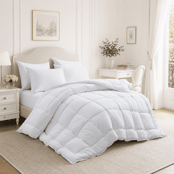 Unikome All Season Comforter, Soft Down Alternative Bed Comforter, Lightweight Polyester Duvet Insert with Quilted Square Pattern, 8 Corner & Side Loops, Machine Washable, King 106" x 92", White