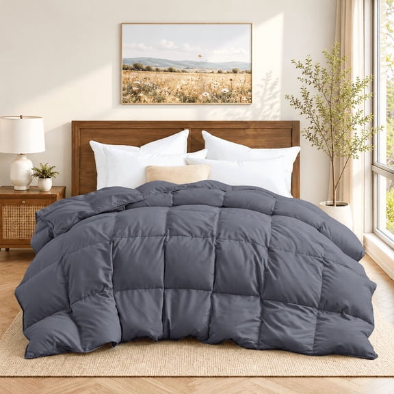 Unikome All Season Goose Down Feather Fiber Comforter with Natural Filling, Soft & Breathable Lightweight Duvet Insert, Machine Washable,Full/Queen 88 x 88 Inch,Dark Gray