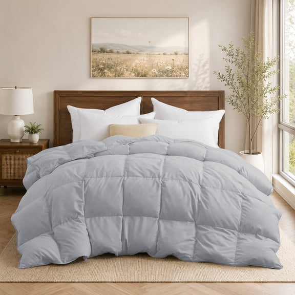 Unikome All Season Goose Down Feather Fiber Comforter with Natural Filling, Soft & Breathable Lightweight Duvet Insert, Machine Washable,Full/Queen 88 x 88 Inch,Light Gray