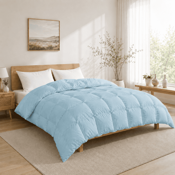 Unikome All Season Goose Down Feather Fiber Comfrter with Natural Filling, Soft & Breathable Lightweight Duvet Insert, OEKO-TEX Certified, Machine Washable,Full/Queen 88 x 88 Inch,Blue