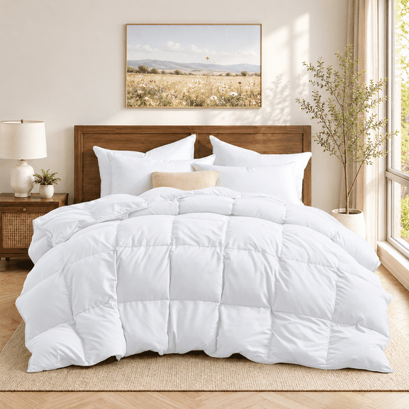 Unikome All Season Goose Down Feather Fiber Comforter with Natural Filling, Soft & Breathable Lightweight Duvet Insert, Machine Washable,Twin 68 x 88 Inch,White