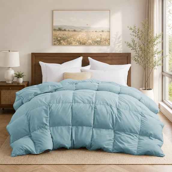 Unikome All Season Goose Down Feather Fiber Comforter with Natural Filling, Soft & Breathable Lightweight Duvet Insert, Machine Washable,Twin 68 x 88 Inch,Blue