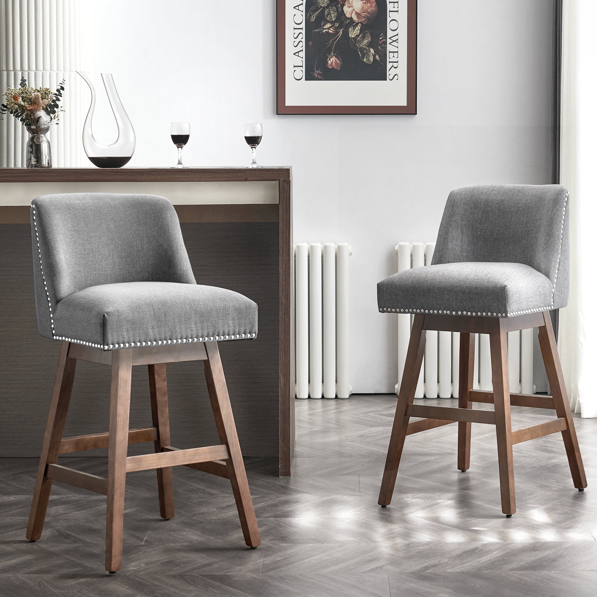 Unikome Swivel Bar Stools Low Back Swivel Bar Height Stools Upholstered Kitchen Island Stools 26 Swivel Counter Stool with 360 Degree Nail Head Trim Design for Indoor Outdoor Used Set of 2 Grey Walmar...