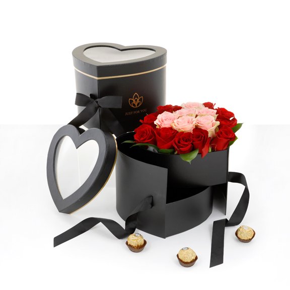 Unikpackaging 2-Tier Heart Shaped Flower/Gift Box – Size 9″x 8″x 6.5″, Black