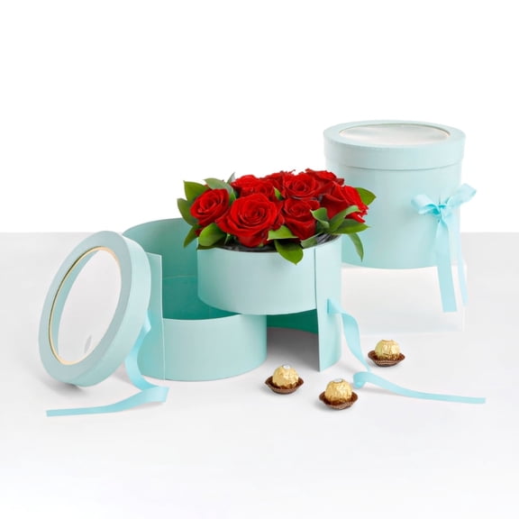 Unikpackaging 2-Tiered Round Shaped Flower/Gift Box, Size 7.8″ Dia. x 6.7″, Teal