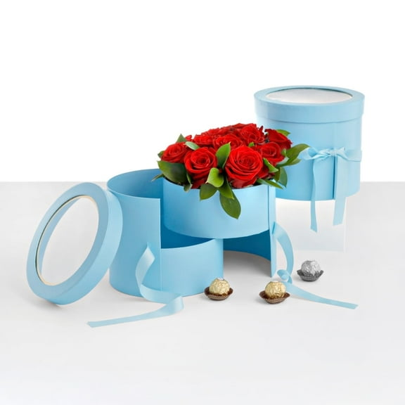 Unikpackaging 2-tiered Round Shaped Flower/Gift Box, Size 7.8″ dia. x 6.7″, Ocean Blue