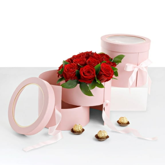 Unikpackaging 2-tiered Round Shaped Flower/Gift Box, Size 7.8″ dia. x 6.7″, Pink