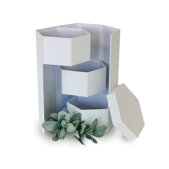 Unikpackaging Hexagon Shape Surprise Flower Gift Box, 3 Tier, 8.5″x 7.4″x 15″, White