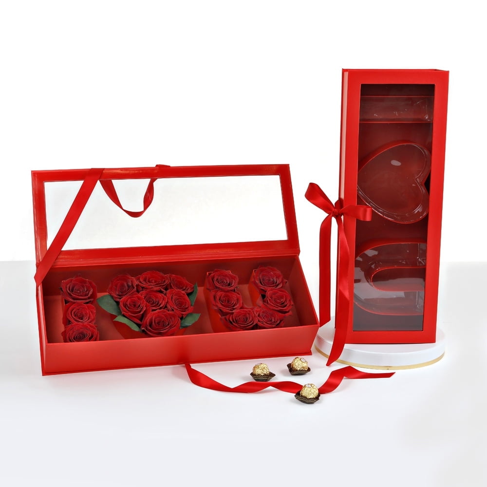 Unikpackaging “I Love U” Box, Clear Top, Plastic Liner, Ribbon, Red