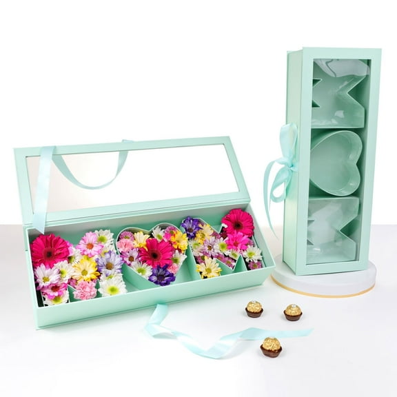Unikpackaging “MOM” Box, Clear Top, Plastic Liner, Ribbon, Teal