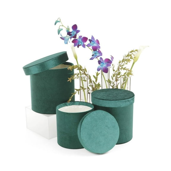 Unikpackaging Set of 3 pcs, Velvet Round Flower/Gift Box with Lids, Emerald