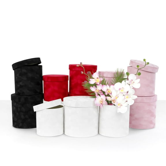 Unikpackaging Set of 3 pcs, Velvet Round Flower/Gift Box with Lids, White
