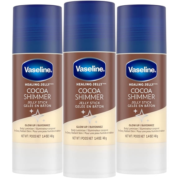 Vaseline Cocoa Shimmer Jelly Stick 3-Pack, Anti-Chafing Lotion, 1.4 Oz Ea Non-Greasy Face & Body Moisturizer for Radiant Skin | Smooth Chafing, Rough Elbows & Heels | Mess-Free Application
