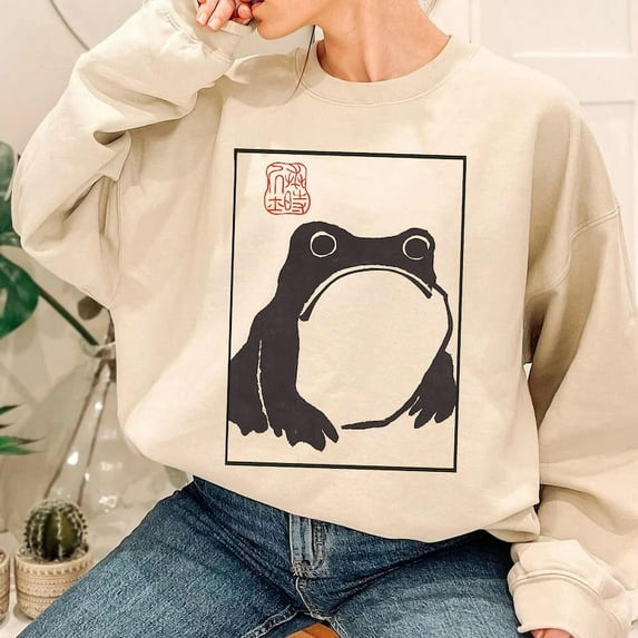 Unimpressed Frog Sweatshirt- Japanese Aesthetic by Matsumoto Hoji, Organic Unisex Sweatshirt, Vintage Style Art Sweatshirt