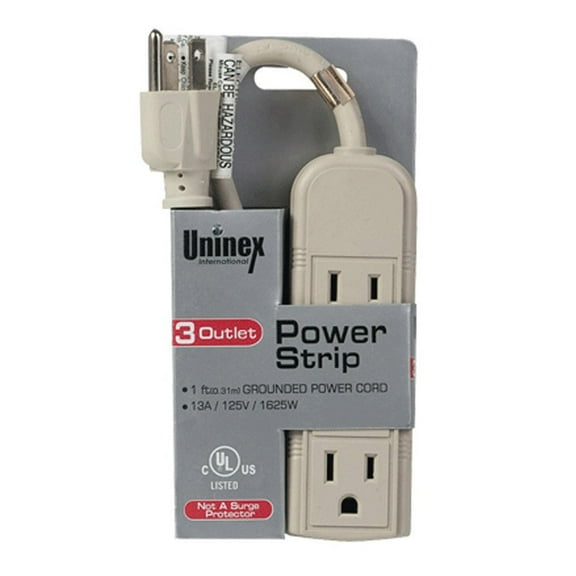 Uninex 3-Outlet Mini Power Strip Cord, 1 Feet Long, Beige