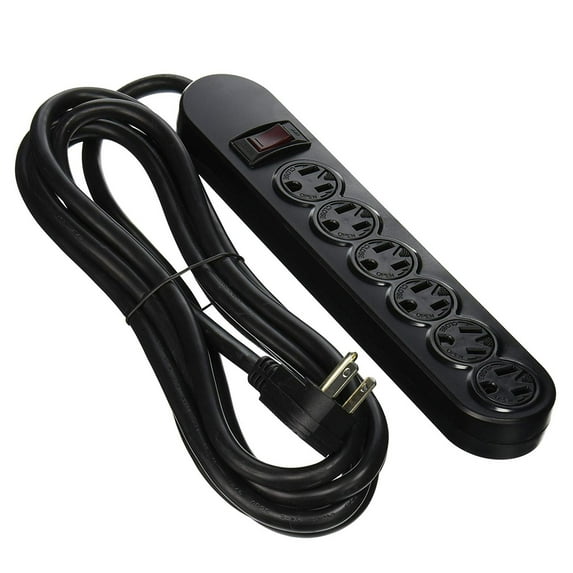 Uninex Black Flat Right Angle Plug 6 AC Outlet 12 Foot 14/3 AWG ABS Heavy Duty Power Strip Twist Lock UL