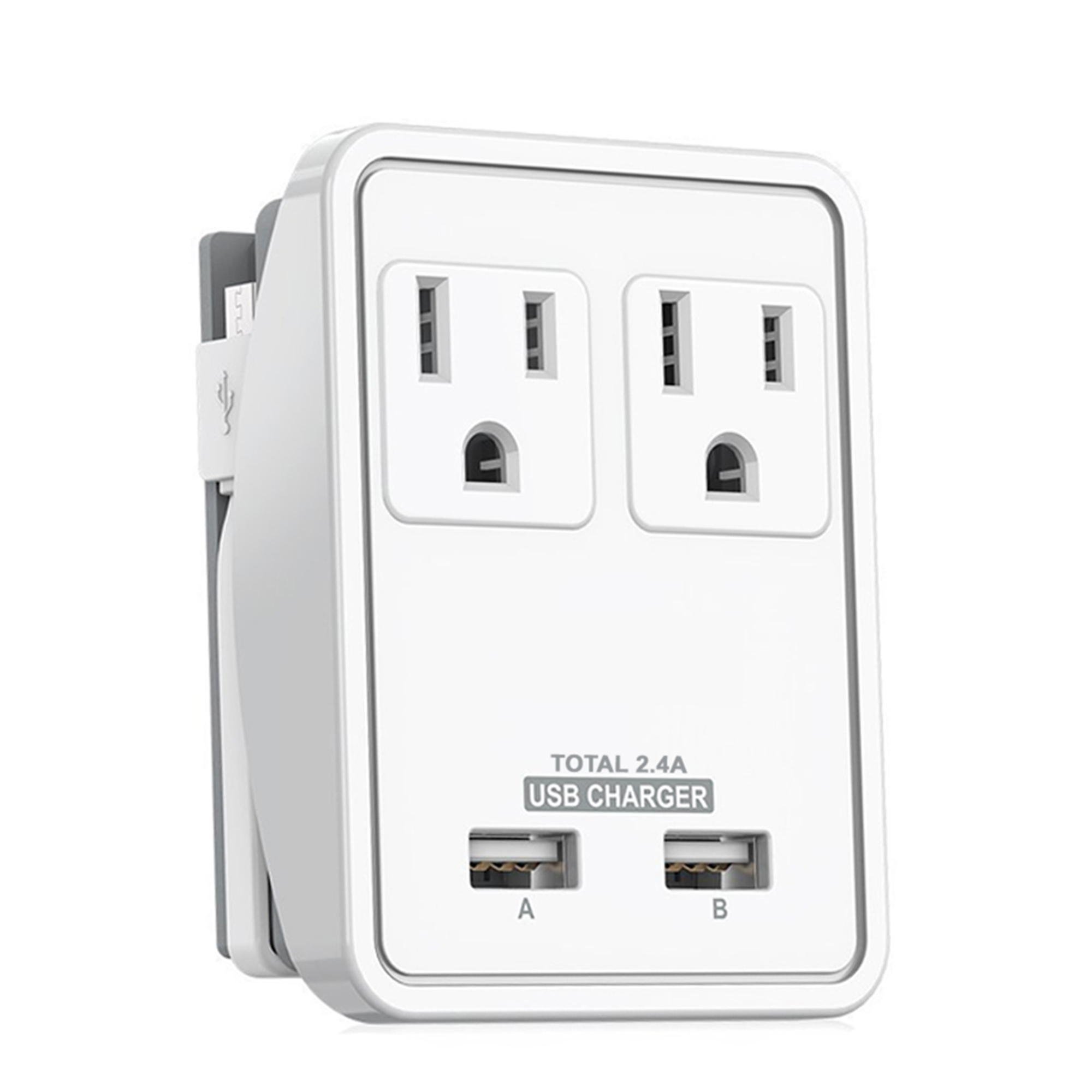 Uninex Compact Travel Wall Charger with 2-Outlet, 2.4A 2-USB, Foldable Plug, Built-in Micro USB Cable, UL Listed - image 1 of 6