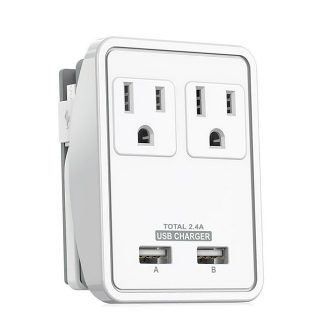 Uninex Compact Travel Wall Charger with 2-Outlet, 2.4A 2-USB, Foldable Plug, Built-in Micro USB Cable, UL Listed