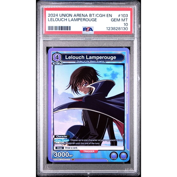Union Arena TCG, PSA Graded 10 GEM MINT, Lelouch Lamperouge #103, Union Arena Ue04Bt/Cgh Code Geass, Fully Encapsulated Bundle with Compatible Code Geass Hard Sealed Case