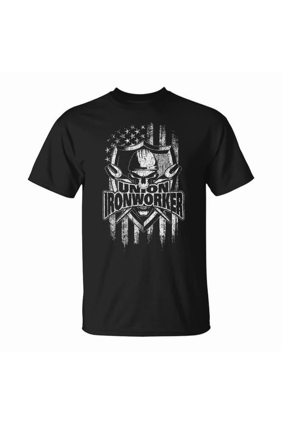 Union Ironworker Distressed American Flag Skull and Tools Graphic Tee Unisex Adult Cotton Patriotic Trade Worker Gift Casual Construction Pride T-Shirt, Size 2XL, Color Black