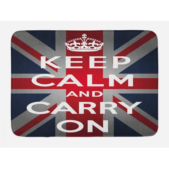 Union Jack Bath Mat, Keep Calm and Cary On Quote Crown Figure United Kingdom Britain Flag, Non-Slip Plush Mat Bathroom Kitchen Laundry Room Decor, 29.5 X 17.5 Inches, Navy Blue Red White, Ambesonne