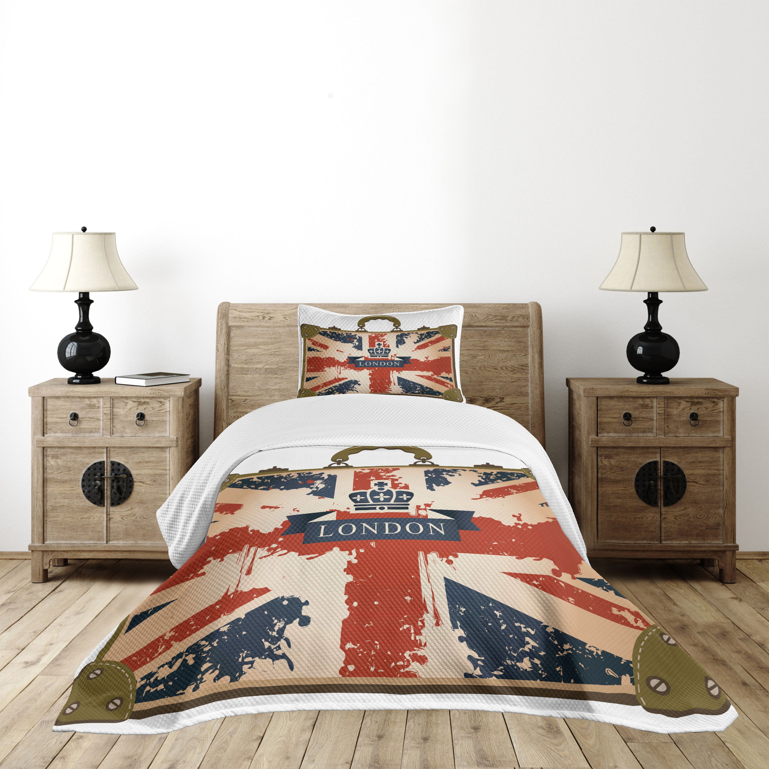 Union Jack Bedspread Set Twin Size, Vintage Travel Suitcase with