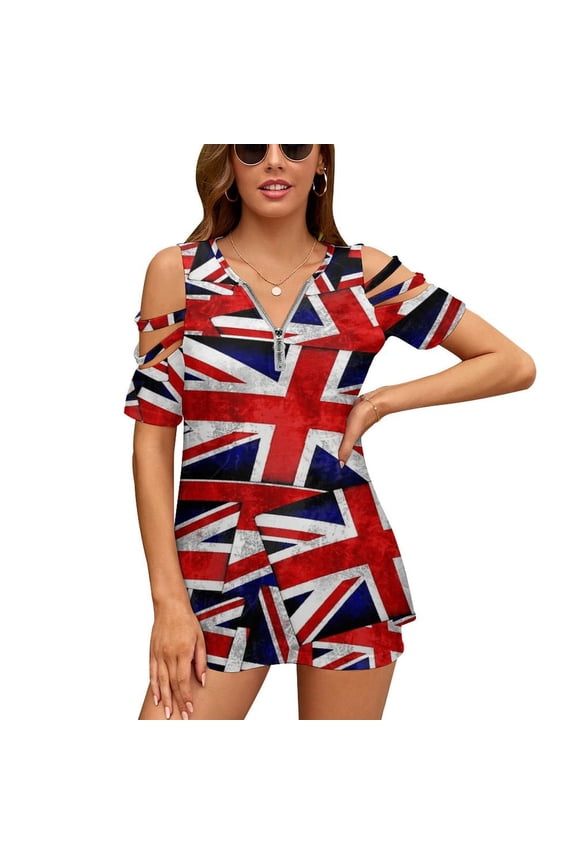Union Jack British England UK Flag Womens Summer V Neck Zipper Top Short Sleeve T Shirt Off Shoulder Top Casual Classy Loose Shirts