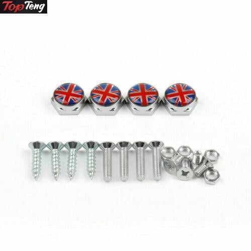 Union Jack Chrome Metal License Plate Frame Screw Bolt Cap fit Mini Cooper New