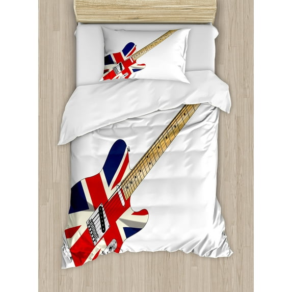 Union Jack Duvet Cover Set, Classical Electric Guitar UK Flag Britain Music Instrument, Decorative 2 Piece Bedding Set with 1 Pillow Shams, Twin Size, Pale Brown Grey Black, by Ambesonne