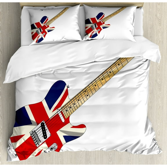 Union Jack Duvet Cover Set, Classical Electric Guitar UK Flag Britain Music Instrument, Decorative 3 Piece Bedding Set with 2 Pillow Shams, Queen Size, Pale Brown Grey Black, by Ambesonne
