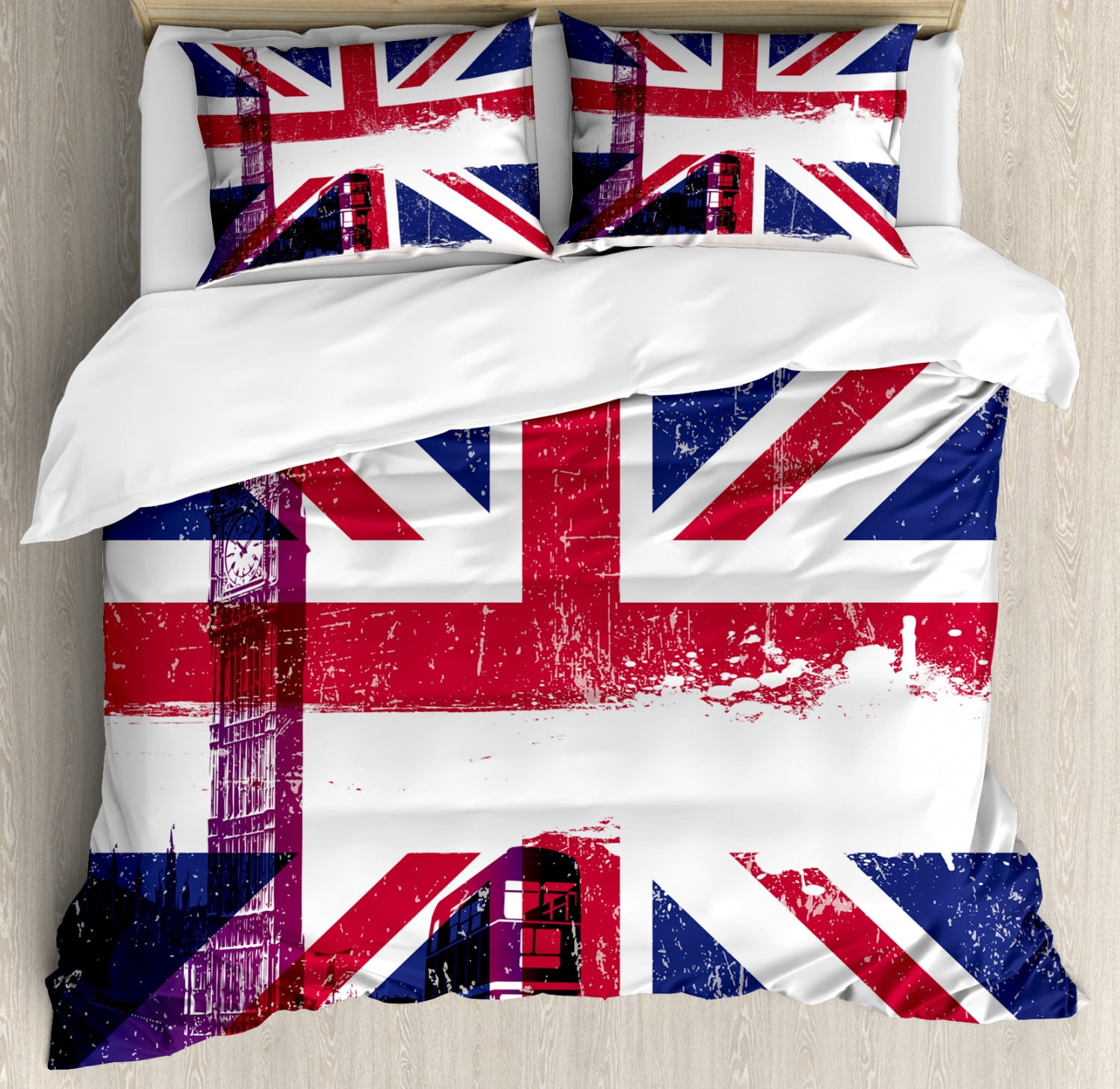 Union Jack Duvet Cover Set Queen Size, Grungy Aged UK Flag Big Ben