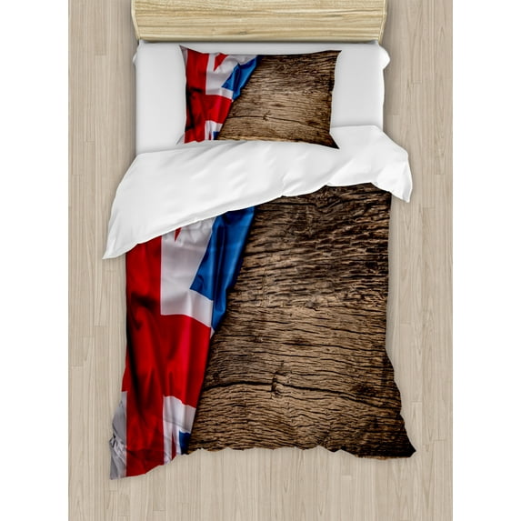 Union Jack Duvet Cover Set Twin Size, Flag of United Kingdom on Old Oak Wooden Board English Nation Country Britain, Decorative 2 Piece Bedding Set with 1 Pillow Sham, Multicolor, by Ambesonne