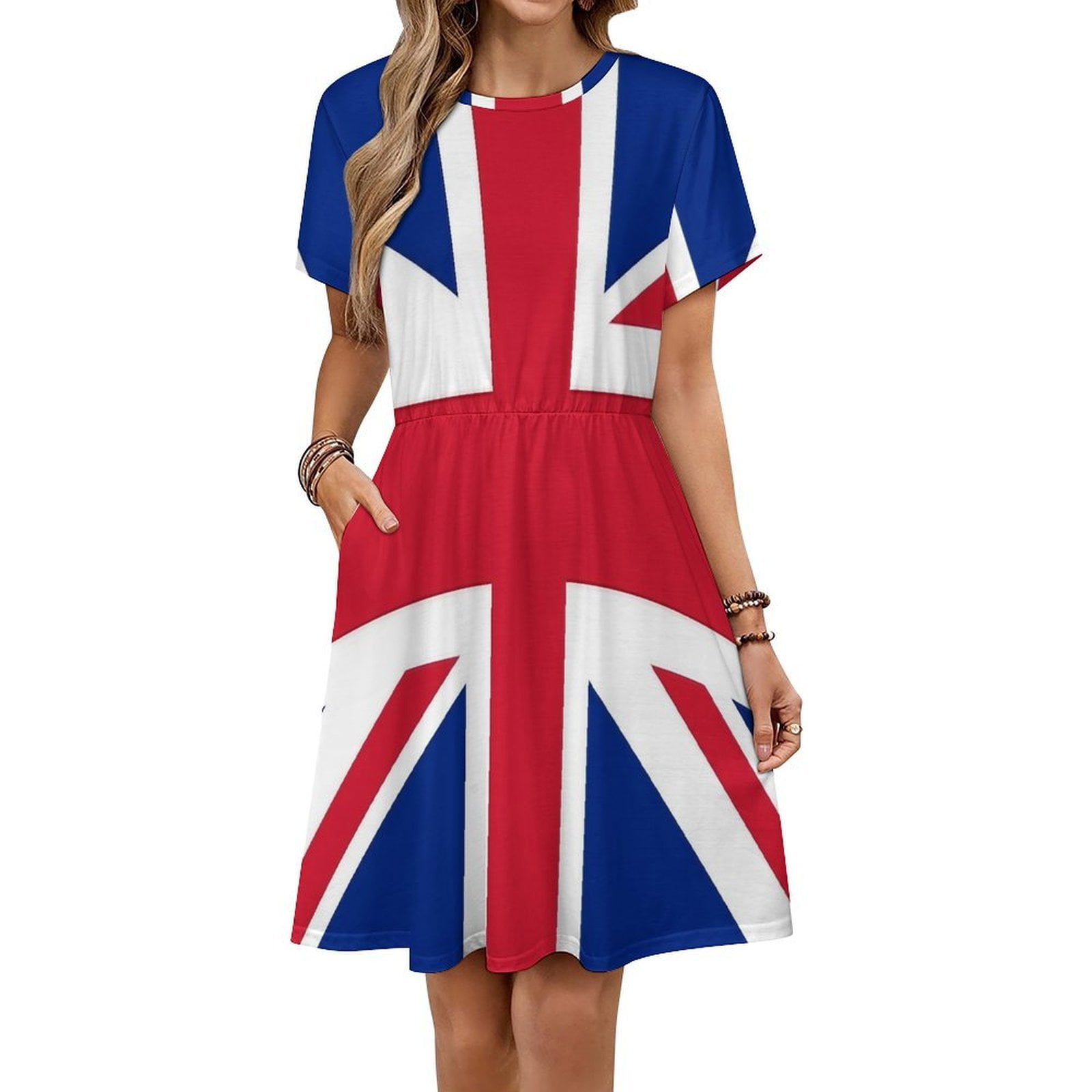 Union Jack Flag Short Sleeve Dress Women Summer Evening Dresses