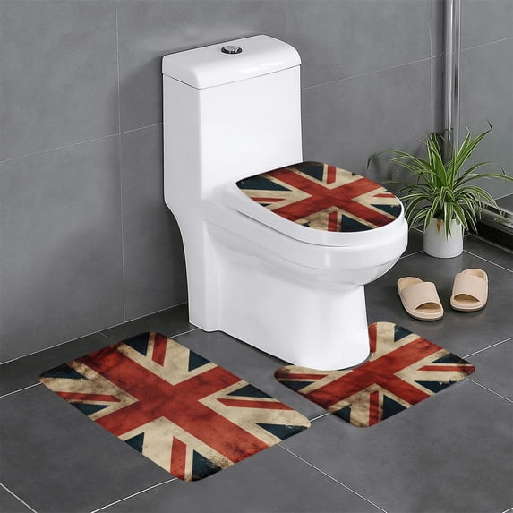 Union Jack Flag Vintage UK 3-Piece Bathroom Rug Set Non-Slip Flannel Bath Mat 24"x16" U-Shaped Contour Mat Toilet Lid Cover