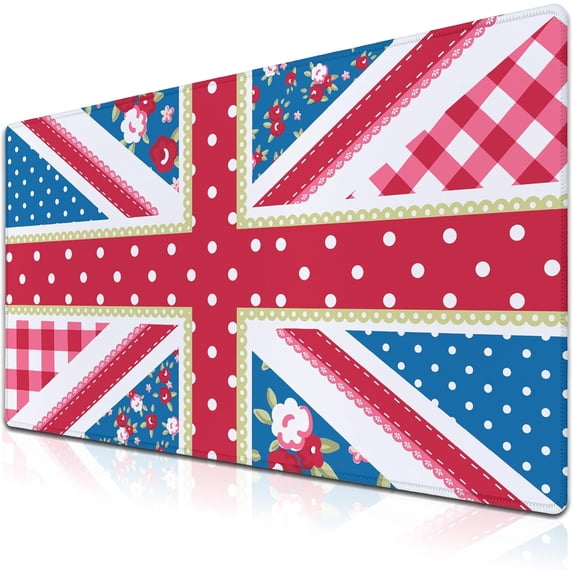 Union Jack Gaming XXL Mouse Pads British Flag Mouse Pad Shabby Chic Floral Style Mousepads Non-Slip Rubber Base Waterproof with Stitched Edges, 35.4" X 15.7" for Work/Game/Office/Home