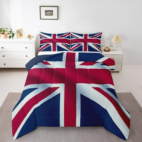 Union Jack King Size Comforter Set,Retro United Kingdom Flag Lightweight Bed Set,Vintage London Breathable Down Comforter For Bedroom,Red Blue England Duvet Set