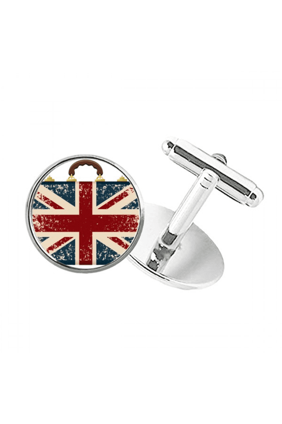 Union Jack Retro Suitcase Britain UK Flag Culture Round Button Cuff Clip Stud Cufflinks