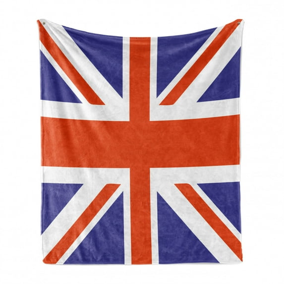 Union Jack Soft Flannel Fleece Throw Blanket, Classic Traditional Flag United Kingdom Modern British Loyalty, Cozy Plush for Indoor and Outdoor Use, 70" x 90", Royal Blue White, by Ambesonne